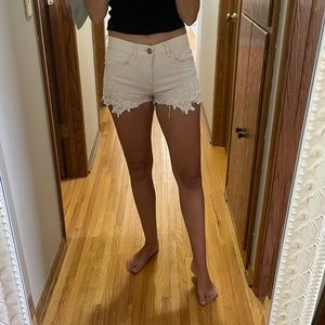 Express cream jean shorts with lace